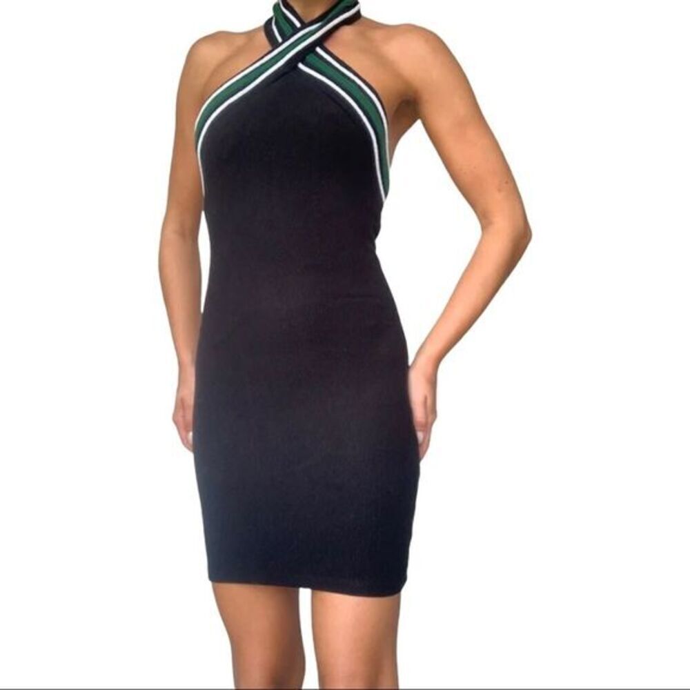 Topshop Black, Green & White Ribbed Halter Mini Dress